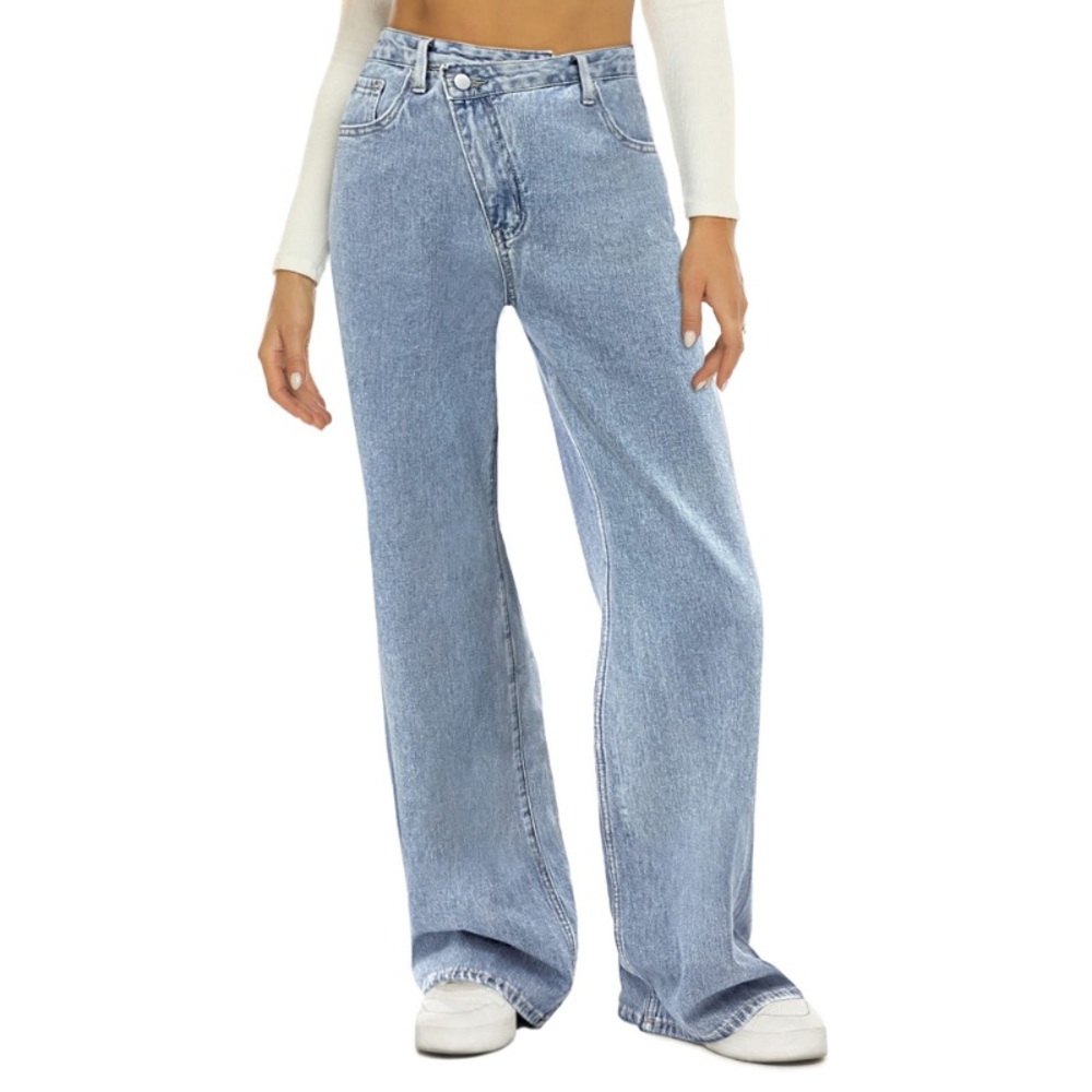 HDLTE Women Crossover Wide Leg High Waist Baggy Jeans Size M